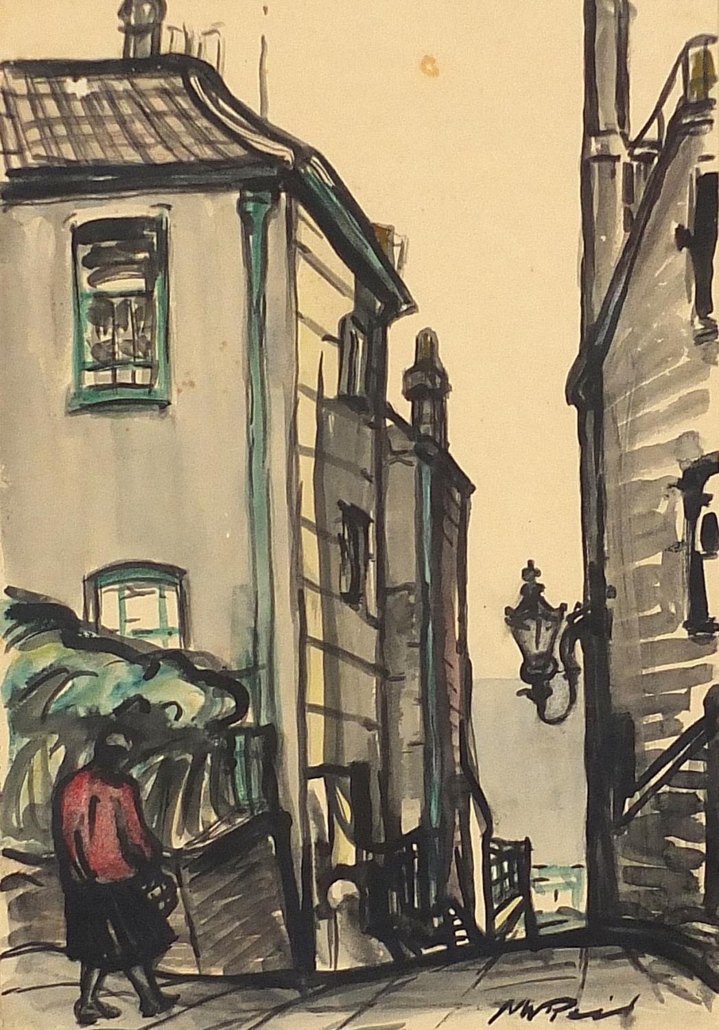 Nina Winder Reid - An alley in Hampstead, watercolour, James Bourlet & Sons label and details verso,