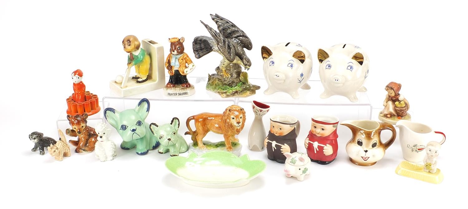 Collectable china including two Wade money banks, Silvac design dogs and Goebel monk jugs, the