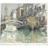 Ponte Dei Pugni, Venice, pencil signed print on silk, mounted, framed and glazed, 36.5cm x 32cm