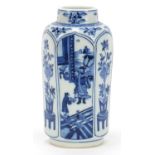 Chinese blue and white porcelain hexagonal vase hand painted with panels of figures and flowers,