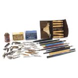 Early 20th century writing equipment including dip pens, pen nibs and John Bull French chalk