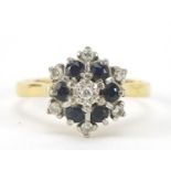 18ct gold diamond and sapphire three tier cluster ring, size P, 4.2g : For Further Condition Reports
