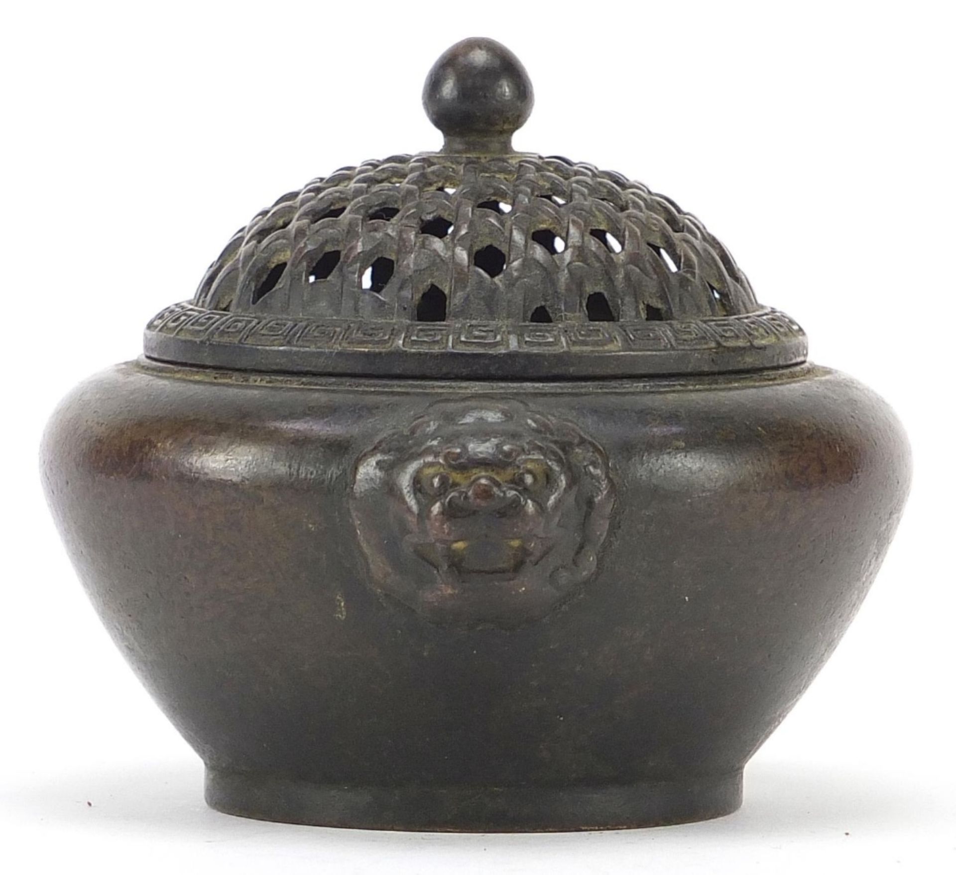 Chinese patinated bronze censer with pierced lid and animalia handles, 12cm wide : For Further - Image 2 of 6