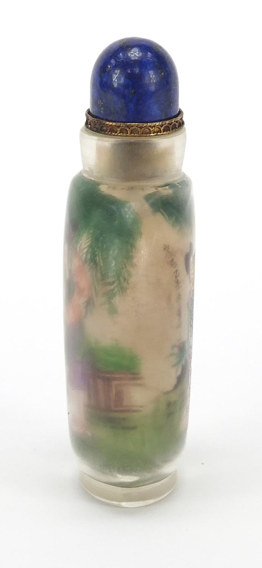 Chinese glass snuff bottle with hardstone stopper, internally hand painted with females, 10.5cm high - Image 2 of 7