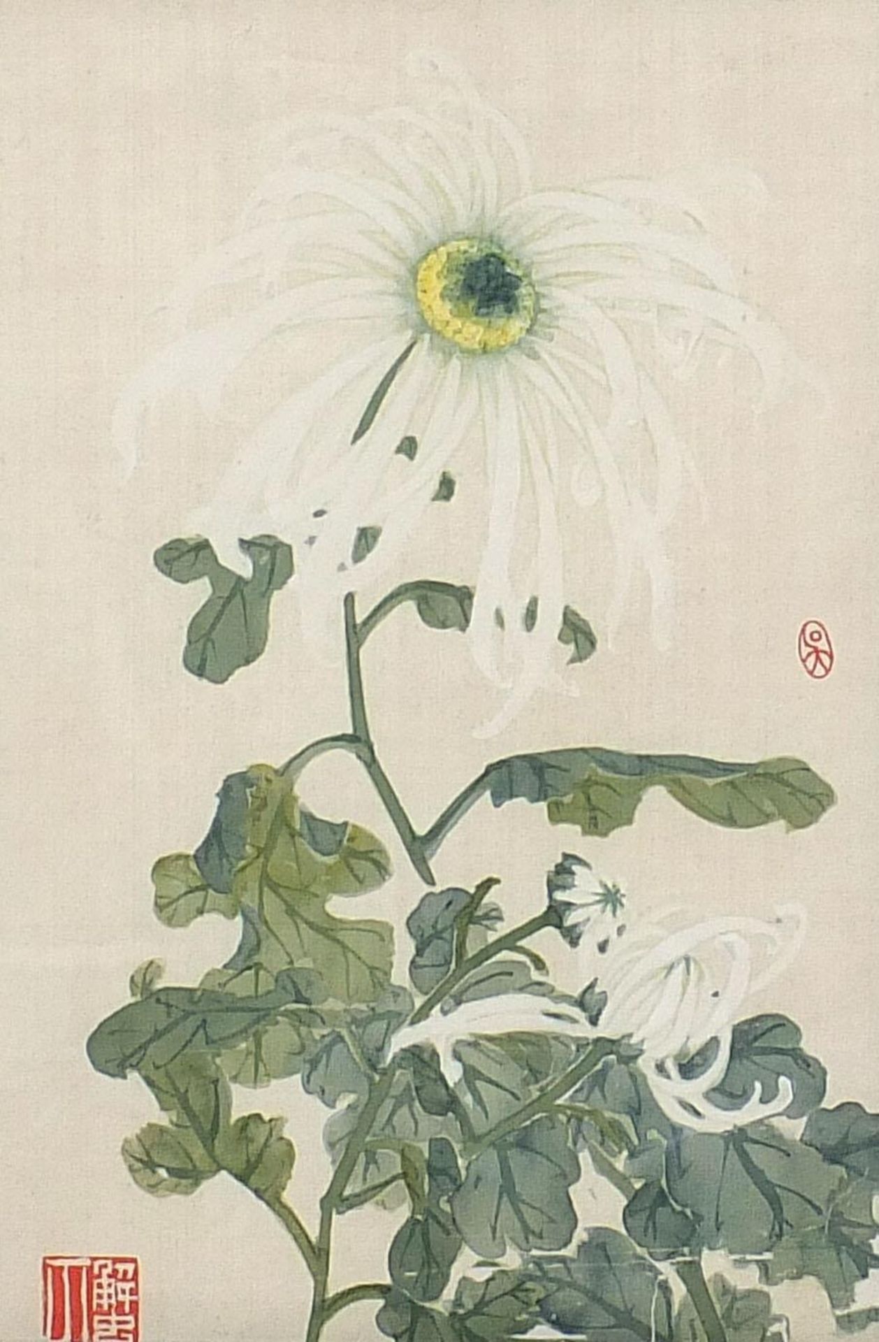 Leaves and flowers, set of three Chinese watercolours on silks, each with red seal marks, mounted, - Image 2 of 15