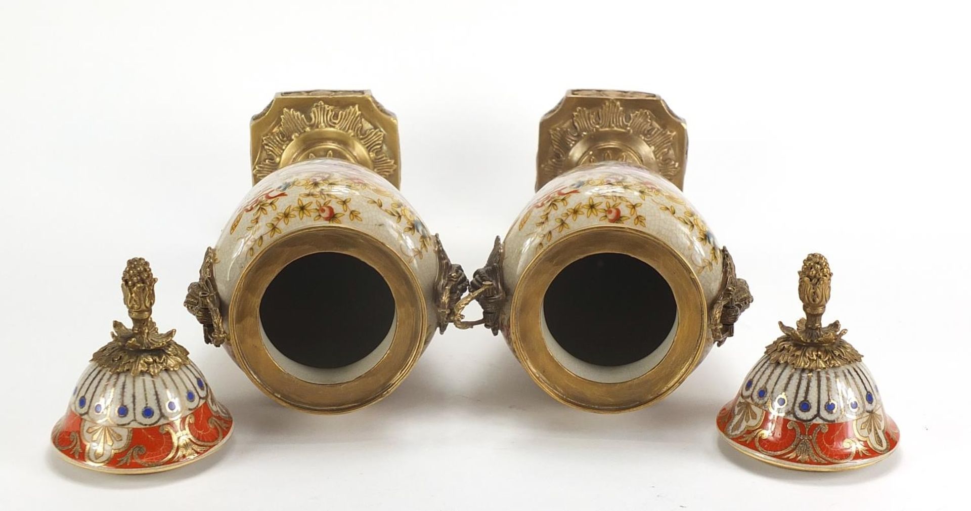 Pair of Continental vases and covers with bronze mounts, each decorated with instruments and - Image 3 of 4