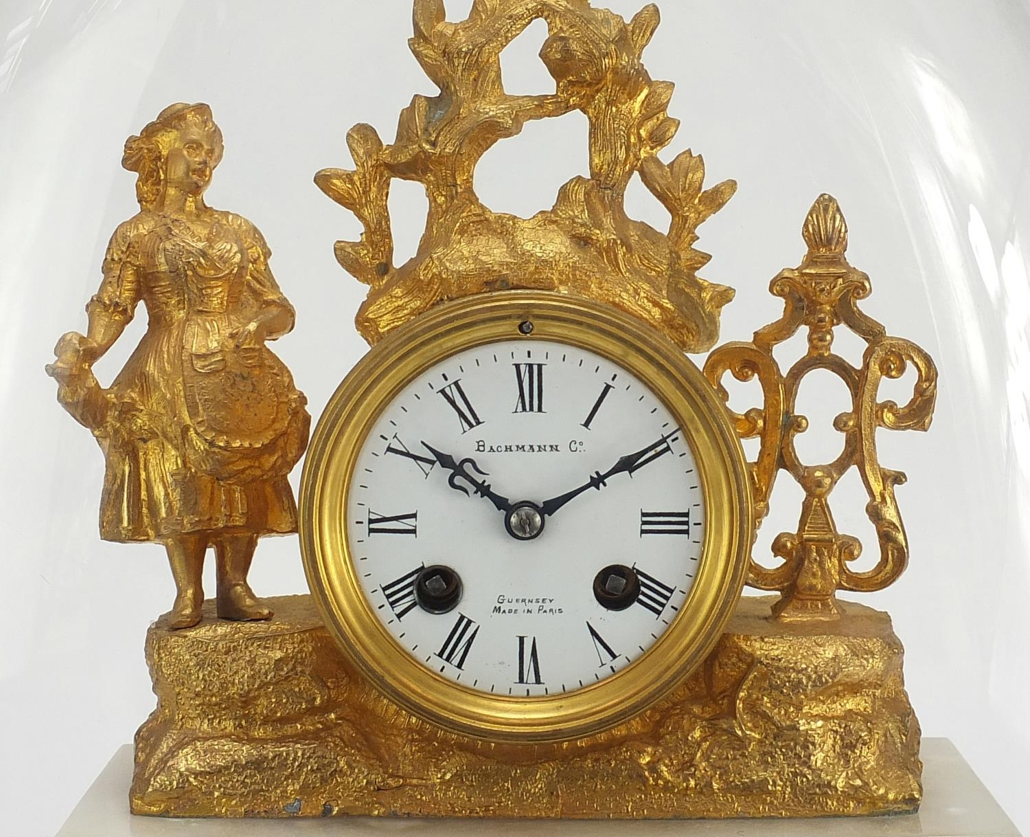 19th century French gilt metal and onyx figural mantle clock raised on a gilt plinth base, housed in - Image 2 of 6