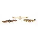 Three Victorian and later bar brooches set with turquoise, seed pearls and opal, the largest 4.5cm