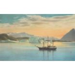 Ship amongst icebergs, print in colour, German label and details verso, mounted, framed and