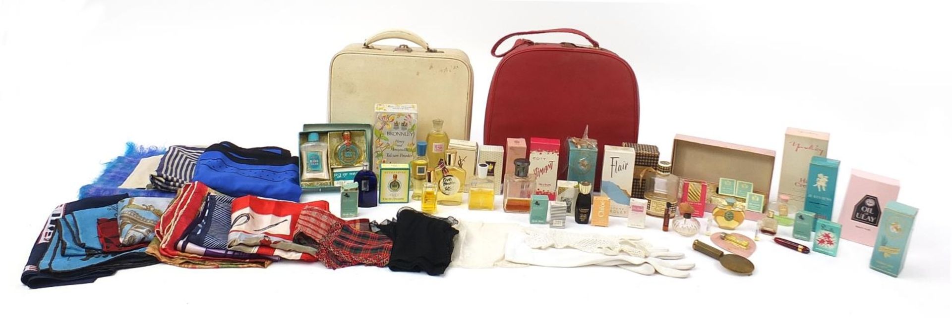 Collection of vintage and later Hermes style scarves and perfumes including Christian Dior, Yves