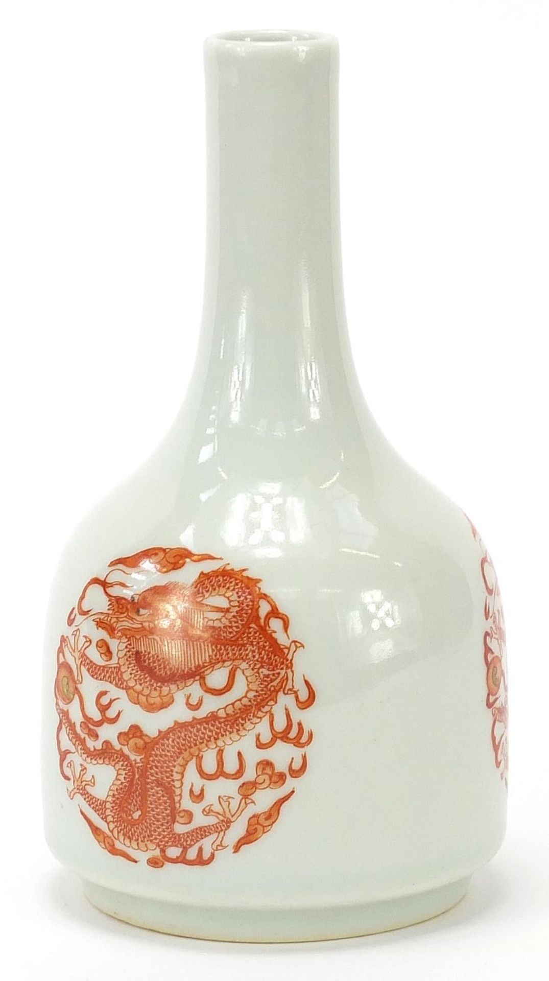 Chinese porcelain bottle vase hand painted in iron red with three dragons chasing a flaming pearl - Image 3 of 8