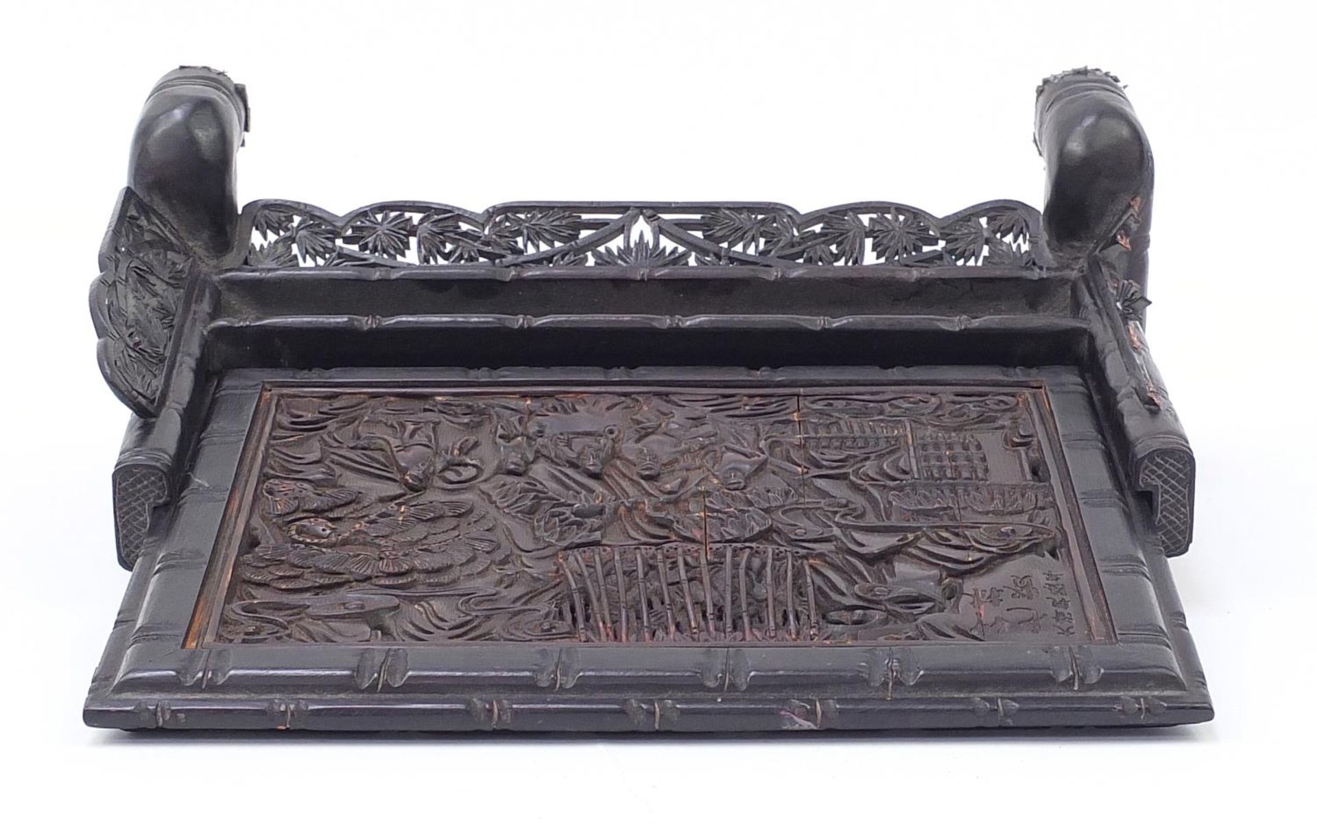 Chinese hardwood table screen profusely carved with figures in a landscape and calligraphy, 37cm - Image 7 of 9