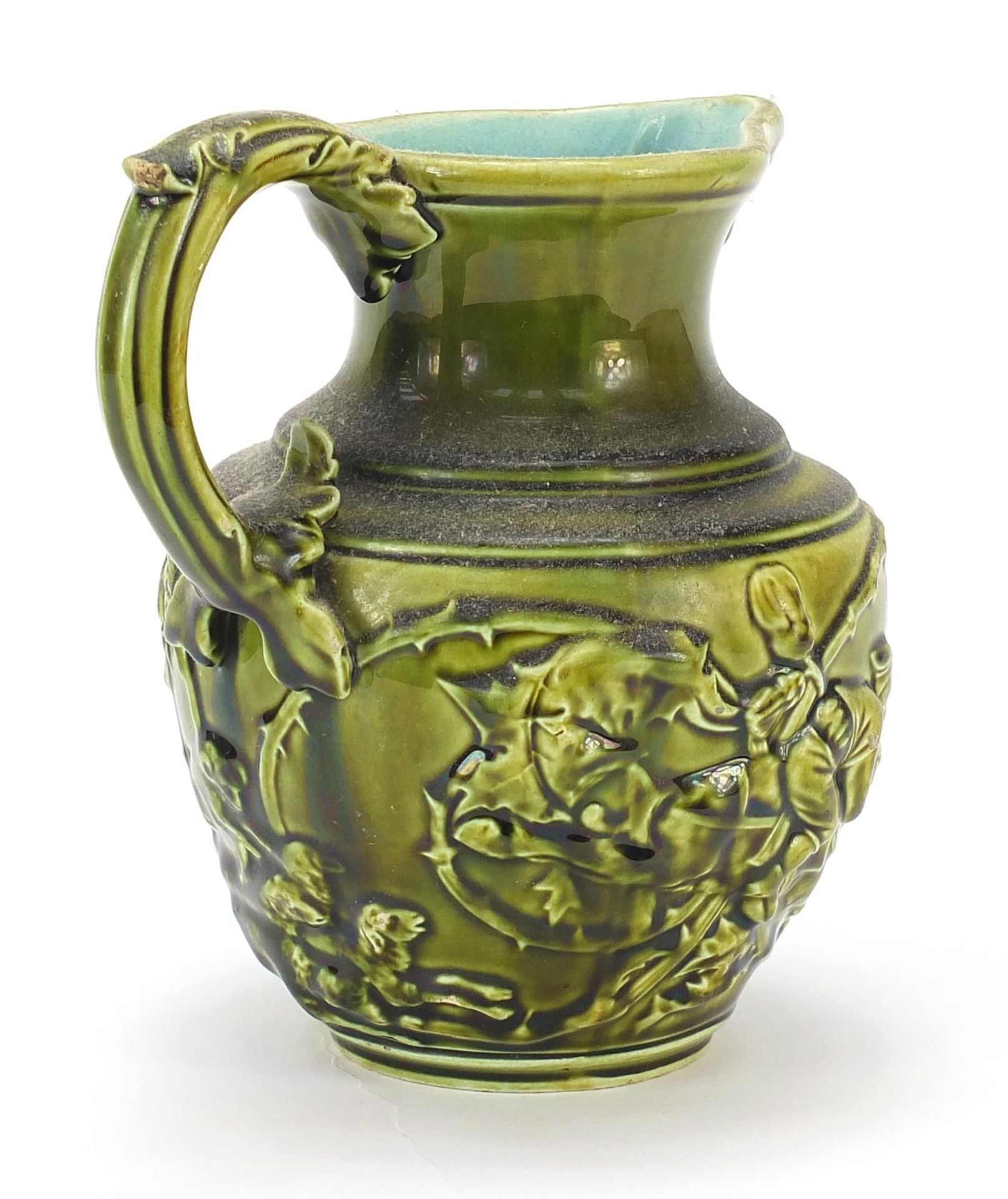 Sarreguemines, French Maiolica jug decorated in relief with figures, 18cm high : For Further - Image 3 of 6