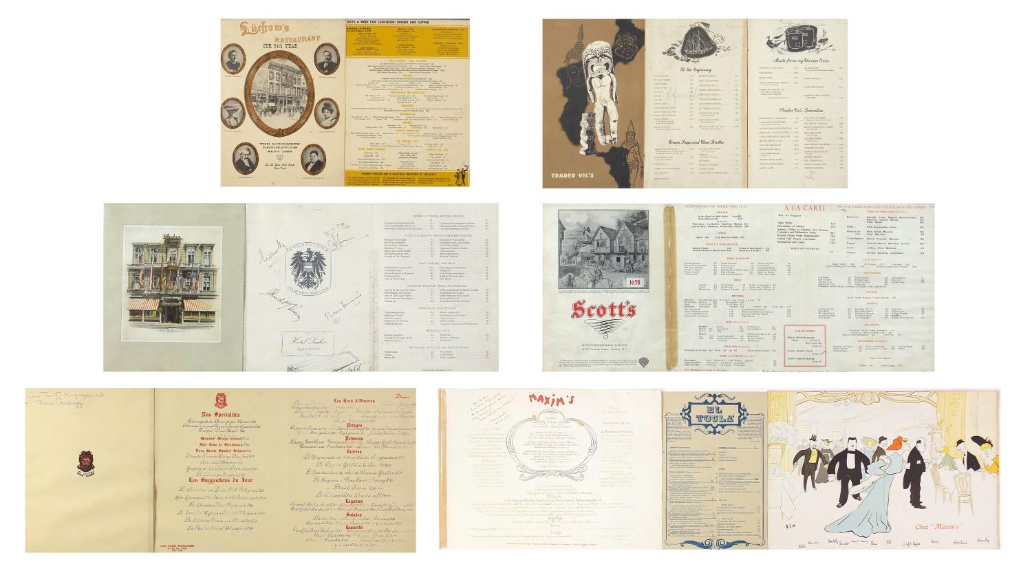 Six vintage menus including Quo Vadis Restaurant, some with signatures, the largest overall 81cm x