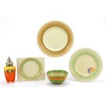 Art Deco ceramics including Three Clarice Cliff pottery plates and Clarice Cliff Bizarre bowl, the