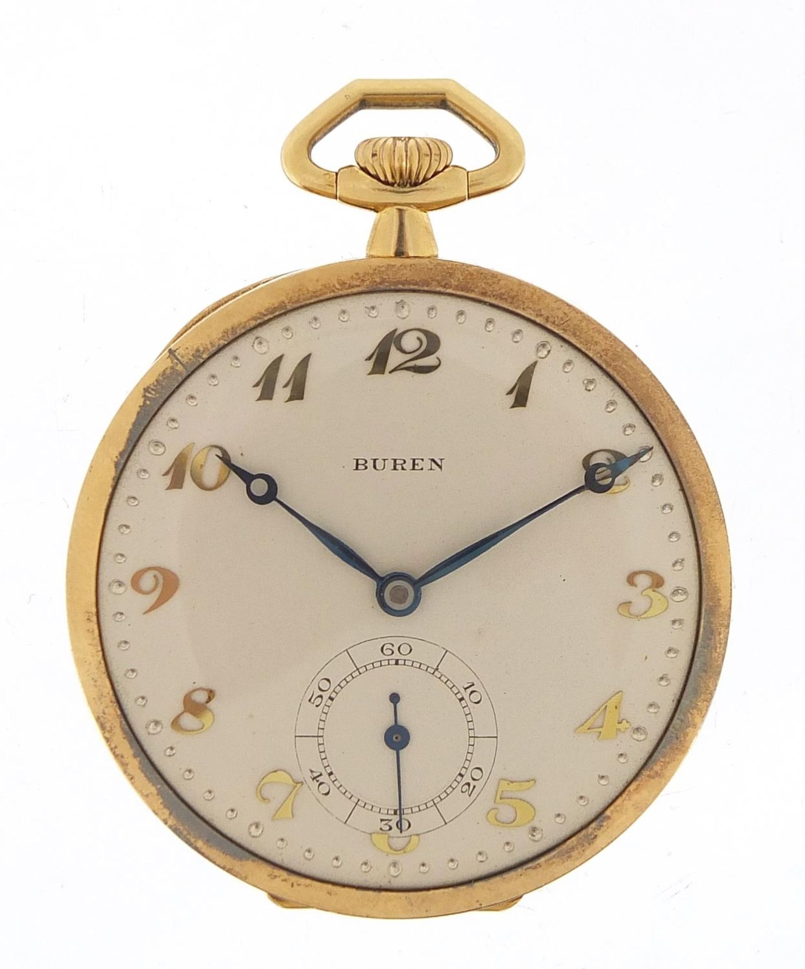 Buren 18ct gold open face pocket watch with subsidiary dial, the case numbered 101911, 46mm in