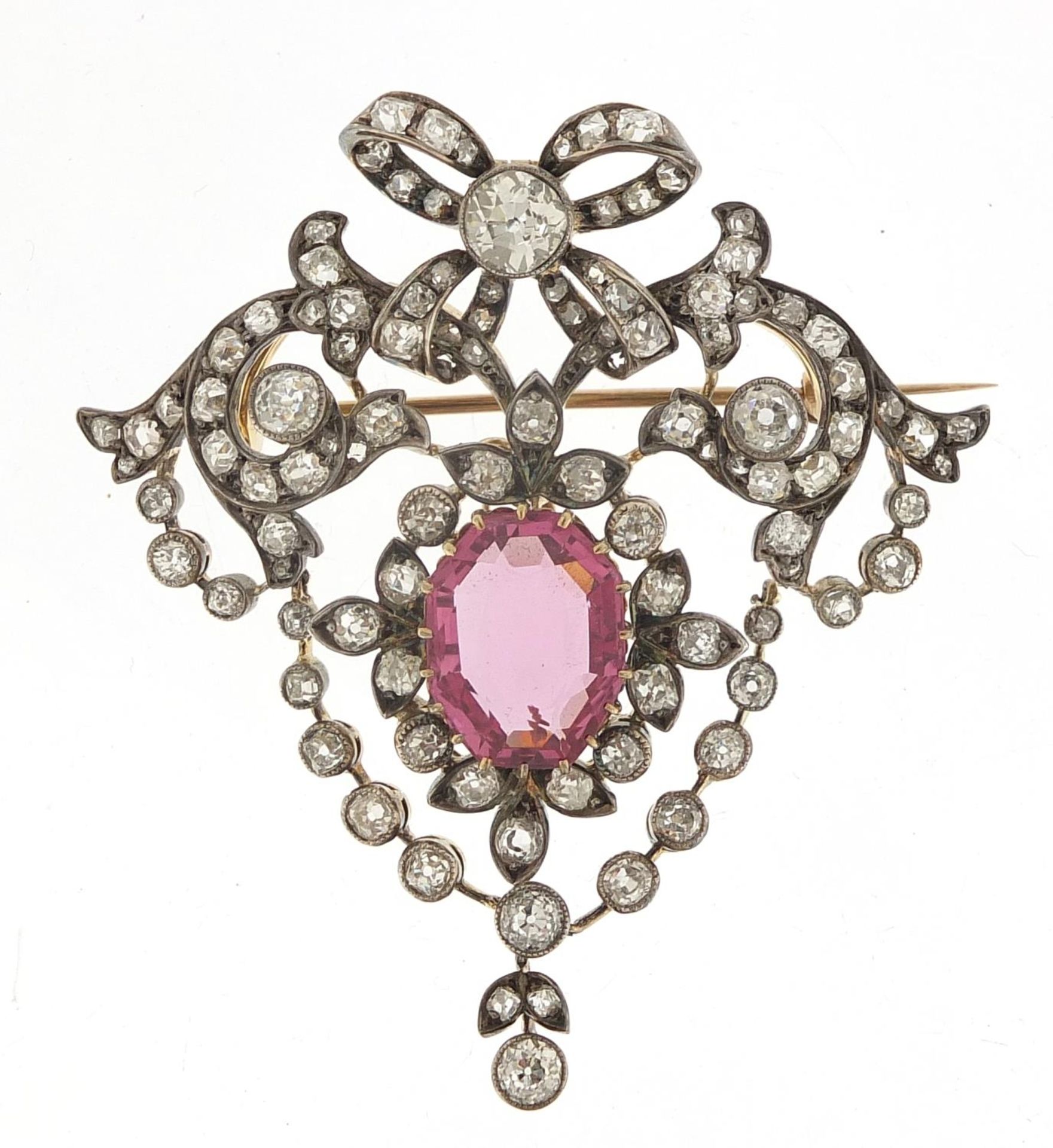 Impressive 19th century diamond and pink sapphire pendant brooch set with approximately one