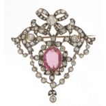 Impressive 19th century diamond and pink sapphire pendant brooch set with approximately one