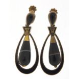 Pair of antique agate and black enamel drop earrings with 9ct gold screw backs, 3.8cm high, 7.0g :