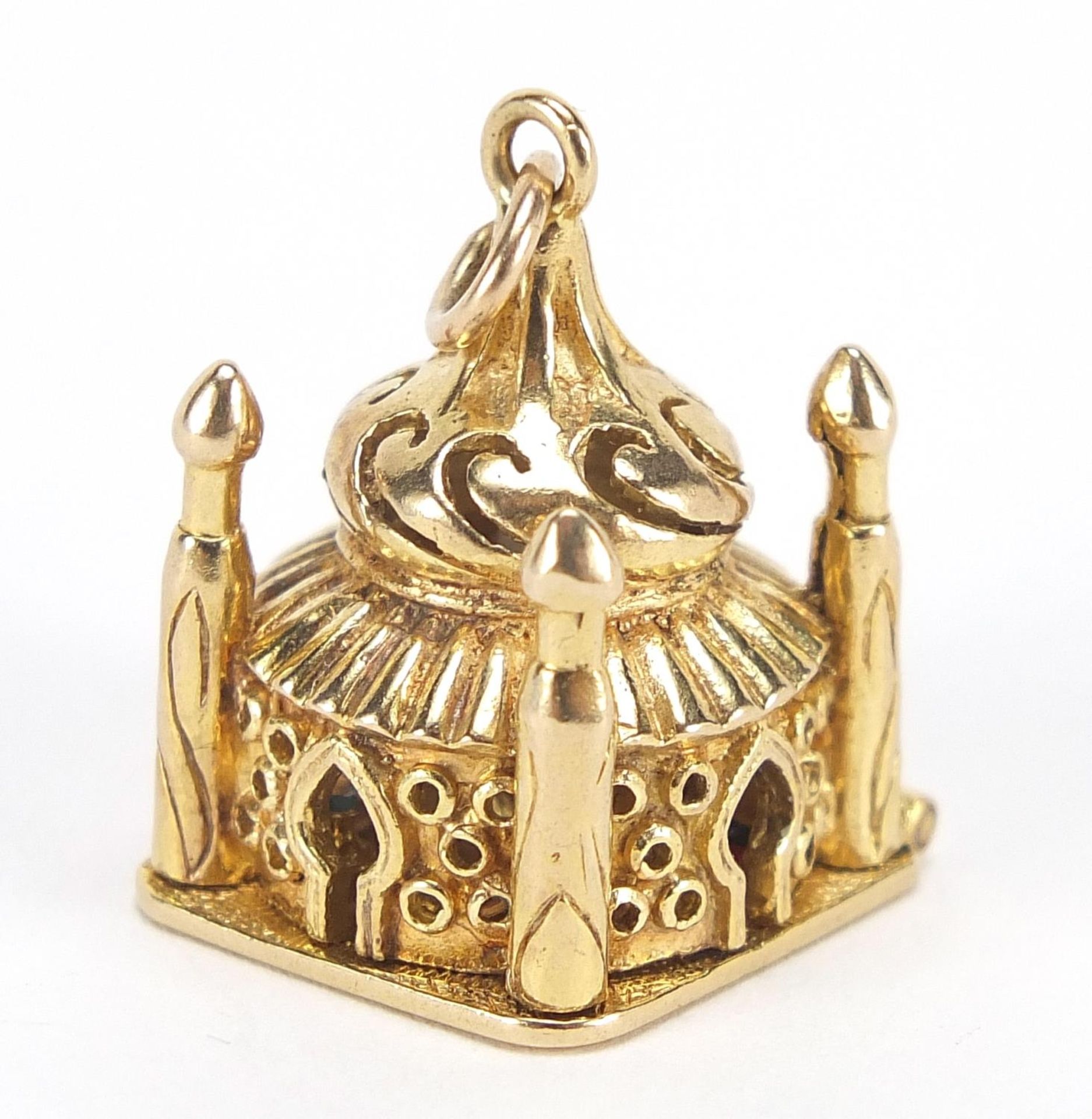 9ct gold and enamel Taj Mahal charm opening to reveal a praying figure, 2.2cm high, 10.2g : For - Image 2 of 7
