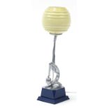 Art Deco design figural silver painted table lamp with opaque glass shade, 50cm high : For Further