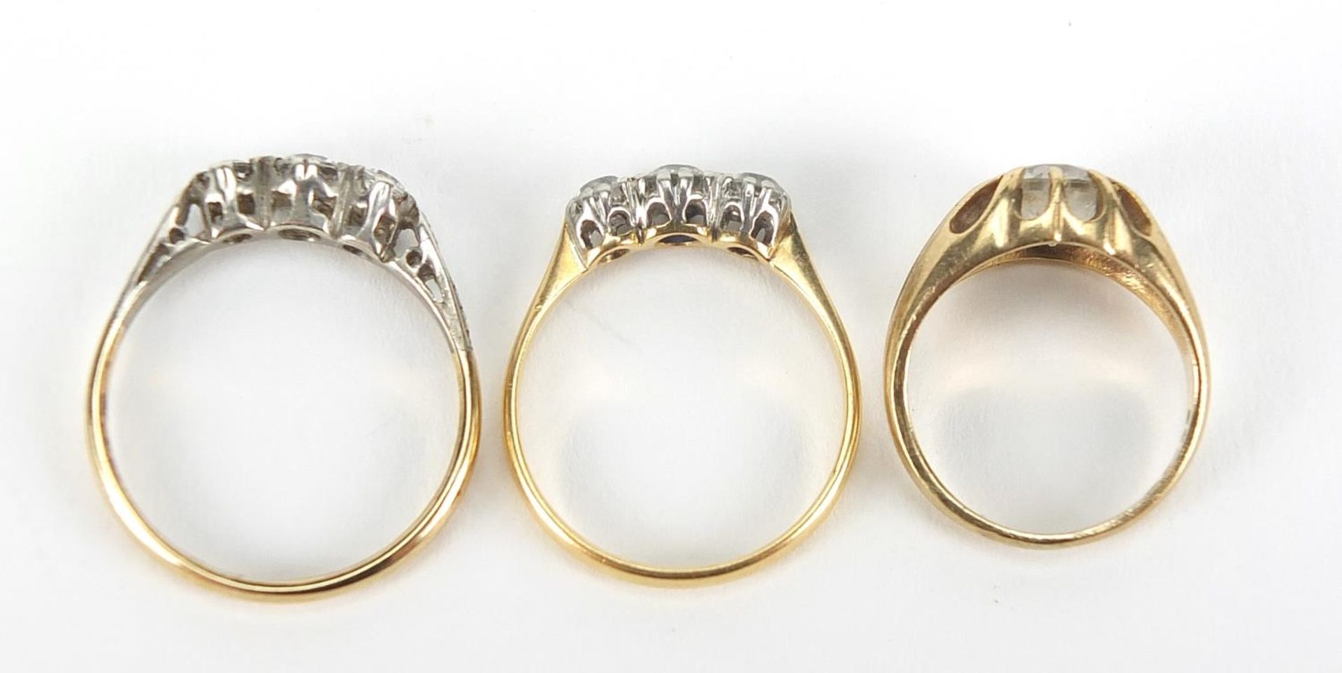Three 18ct gold and 9ct gold clear stone rings, sizes F, L and O, 6.0g : For Further Condition - Image 7 of 7