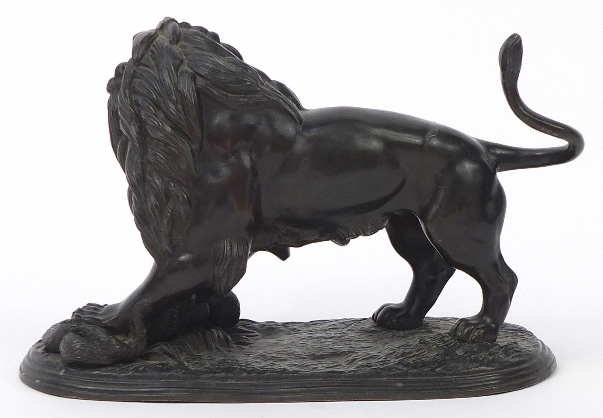 Classical patinated spelter study of a lion and serpent, 22.5cm wide : For Further Condition Reports - Image 3 of 4