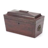 Early 19th century inlaid mahogany tea caddy with brass ring turned handles and fitted interior,