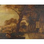 River landscape with figures and boats, 19th century Norwich school oil on board, Frost & Reed label