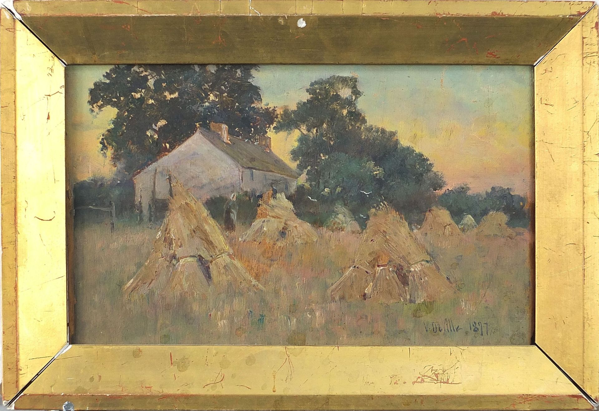 Joseph Vickers de Ville 1897 - Hayricks before a cottage, oil on wood panel, indistinctly - Image 2 of 5