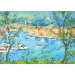 Manner of Raoul Dufy - Continental harbour scene with boats, oil on canvas, mounted, framed and