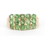 10ct gold green stone three row ring, size Q/R, 3.3g : For Further Condition Reports Please Visit