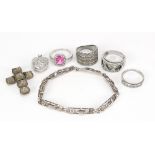 Silver jewellery including a masonic folding ball pendant, rings set with semi precious stones and a