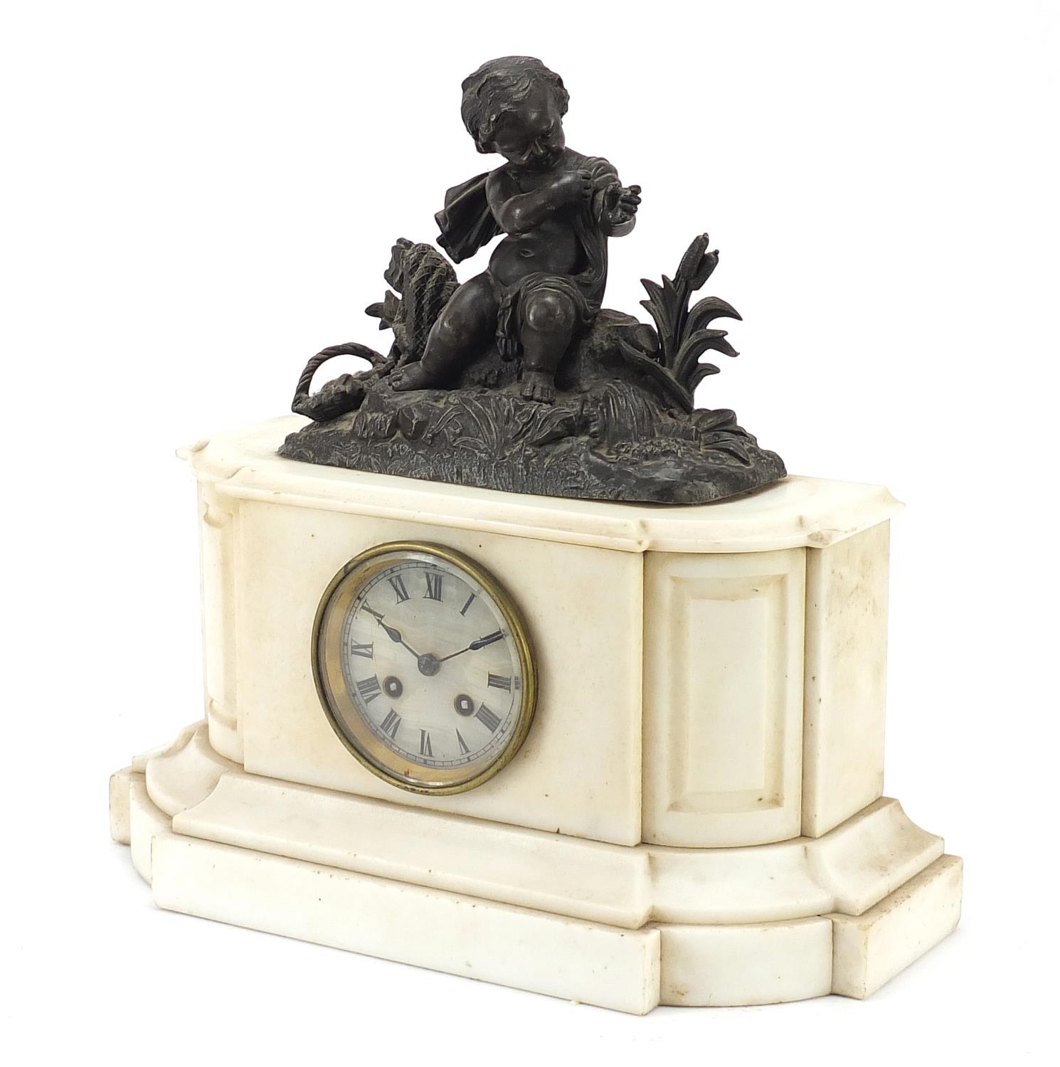 19th century French white marble mantle clock striking on a bell, surmounted with a bronzed figure - Image 4 of 16