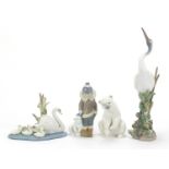 Lladro animals and Eskimo including Dancing Crane, 1614, the largest 29.5cm high : For Further