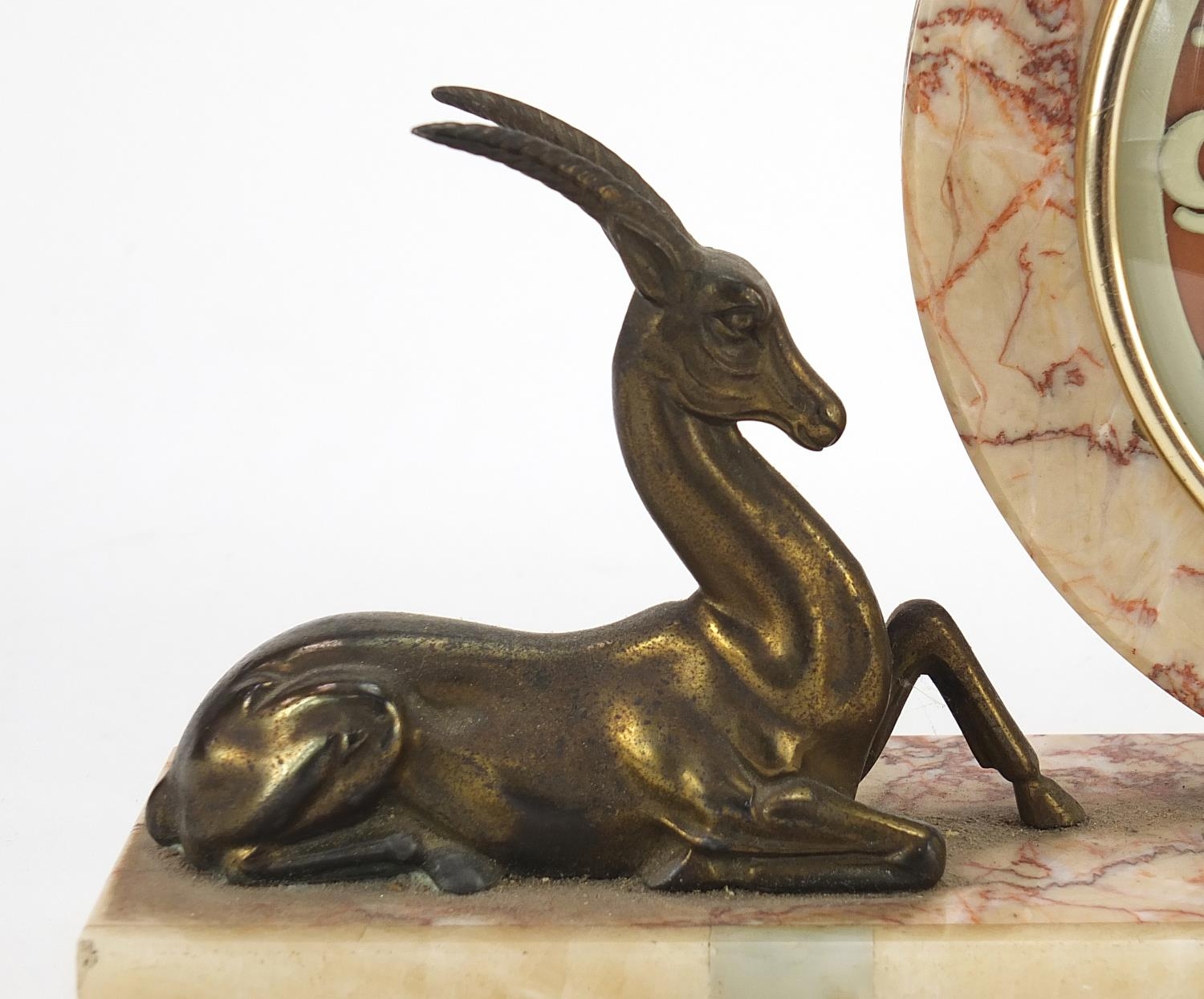 French Art Deco marble gazelle design mantle clock with circular dial and chapter ring having Arabic - Image 2 of 4