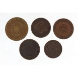 Five masonic tokens/coins including Thistle Lodge West Calder : For Further Condition Reports Please