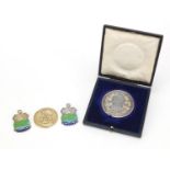 Two silver and enamel fishing jewels, French medallion and a Royal Society of Arts Manufacturers &
