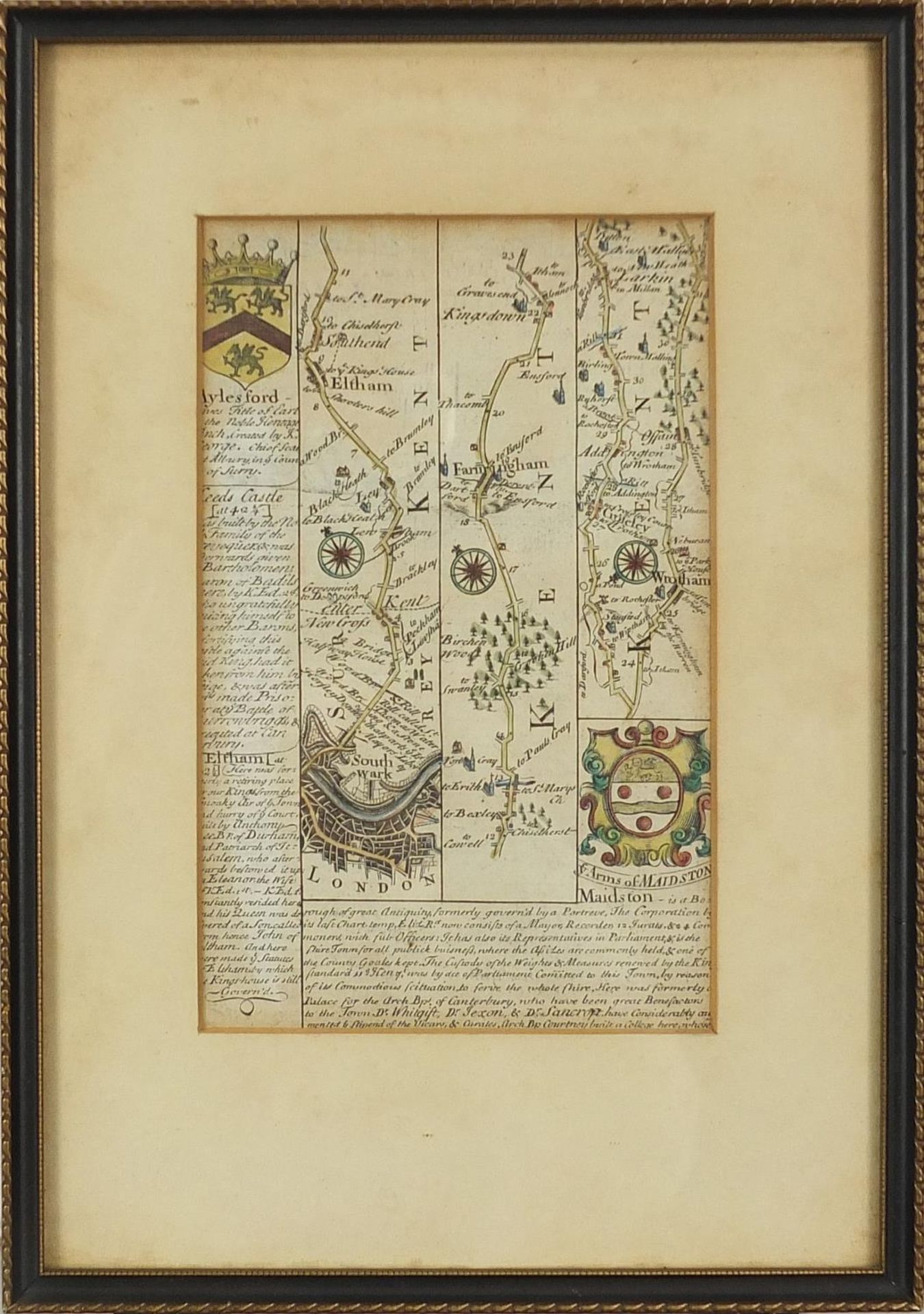 Three antique hand coloured road maps including two by John Owen Emmanuel Bowen, mounted, framed and - Image 18 of 20