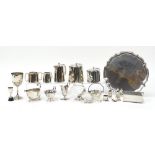 Silver plate including three footed salver, tea set, goblet and cigarette box, the largest 35cm in