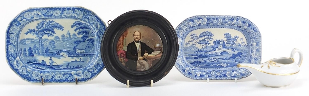 19th century ceramics including a Prattware Late Prince Consort pot lid and Copeland Spode blue