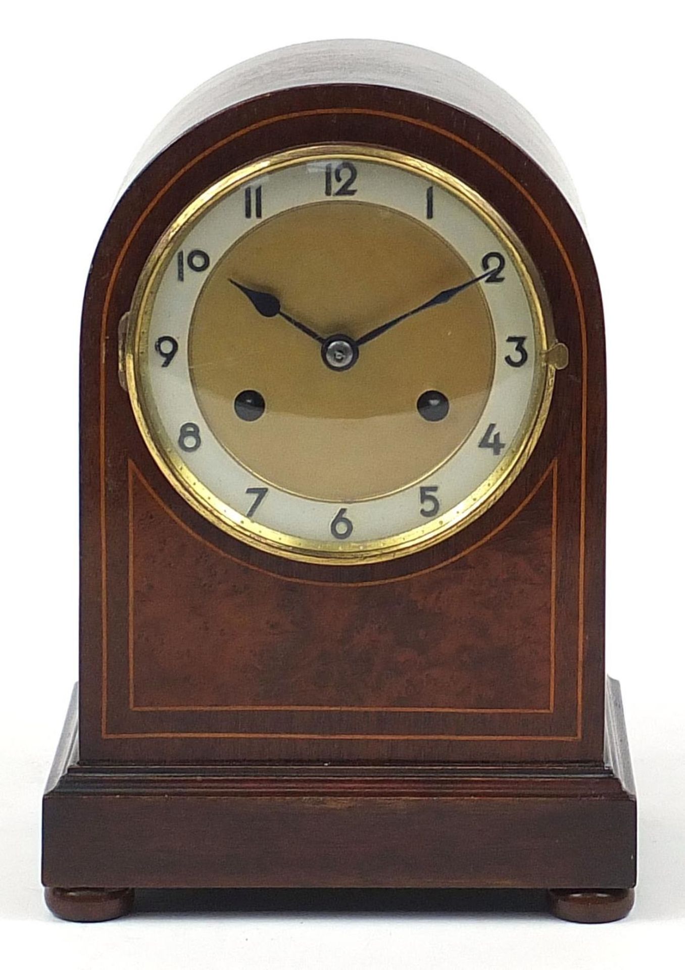 Edwardian inlaid mahogany and amboyna dome top mantle clock striking on a gong, 26cm high : For - Image 2 of 10