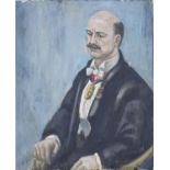 Portrait of a seated gentleman wearing medals, 20th century oil on canvas, unframed, 75cm x 61cm :