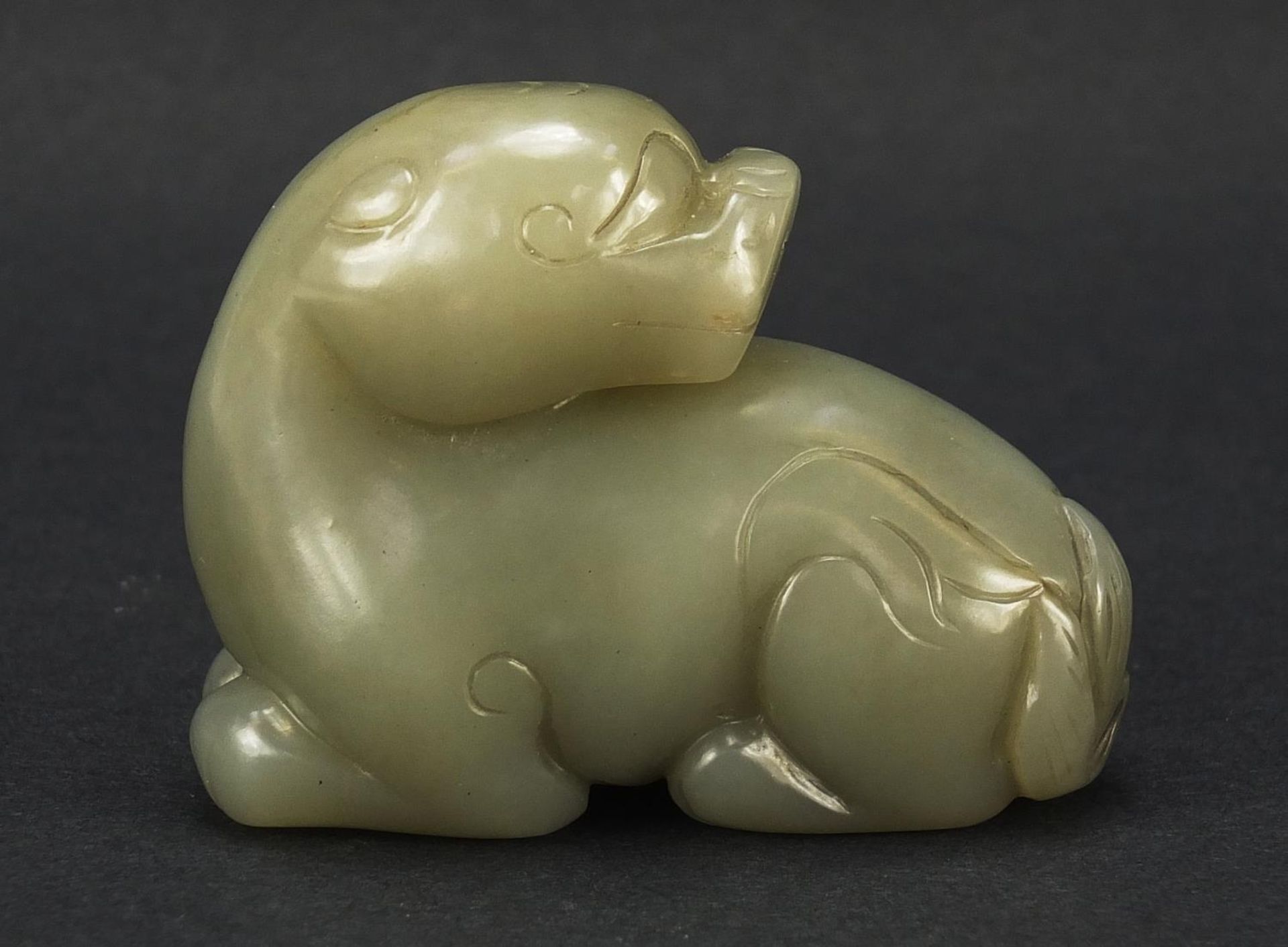 Chinese celadon and russet jade carving of a mythical animal, 6cm in length : For Further - Image 2 of 7