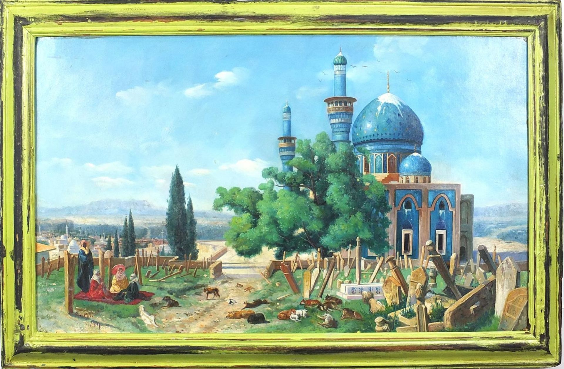 Figures and animals before a mosque, Orientalist Islamic school oil on board, mounted and framed, - Image 2 of 4