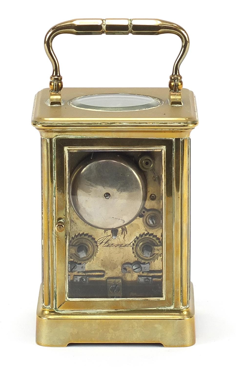 19th century brass cased carriage alarm clock with enamel dial having Roman and Arabic numerals, - Image 4 of 10