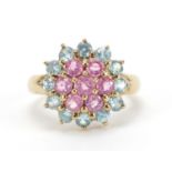 9ct gold blue topaz and pink stone three tier cluster ring, size N/O, 3.8g : For Further Condition