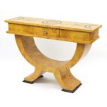 Art Deco design bird's eye maple effect console table with frieze drawer, 85.5cm H x 121cm W x