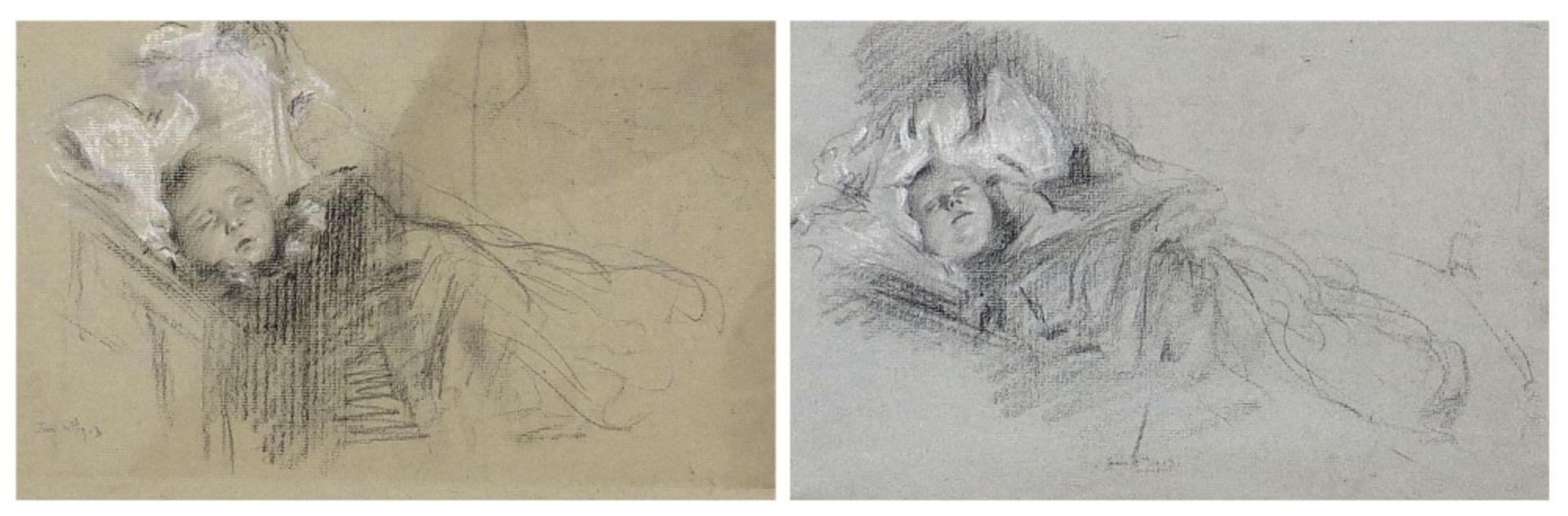 Two sleeping children, pair of early 20th century heightened chalk drawings, dated 8th January 1913,