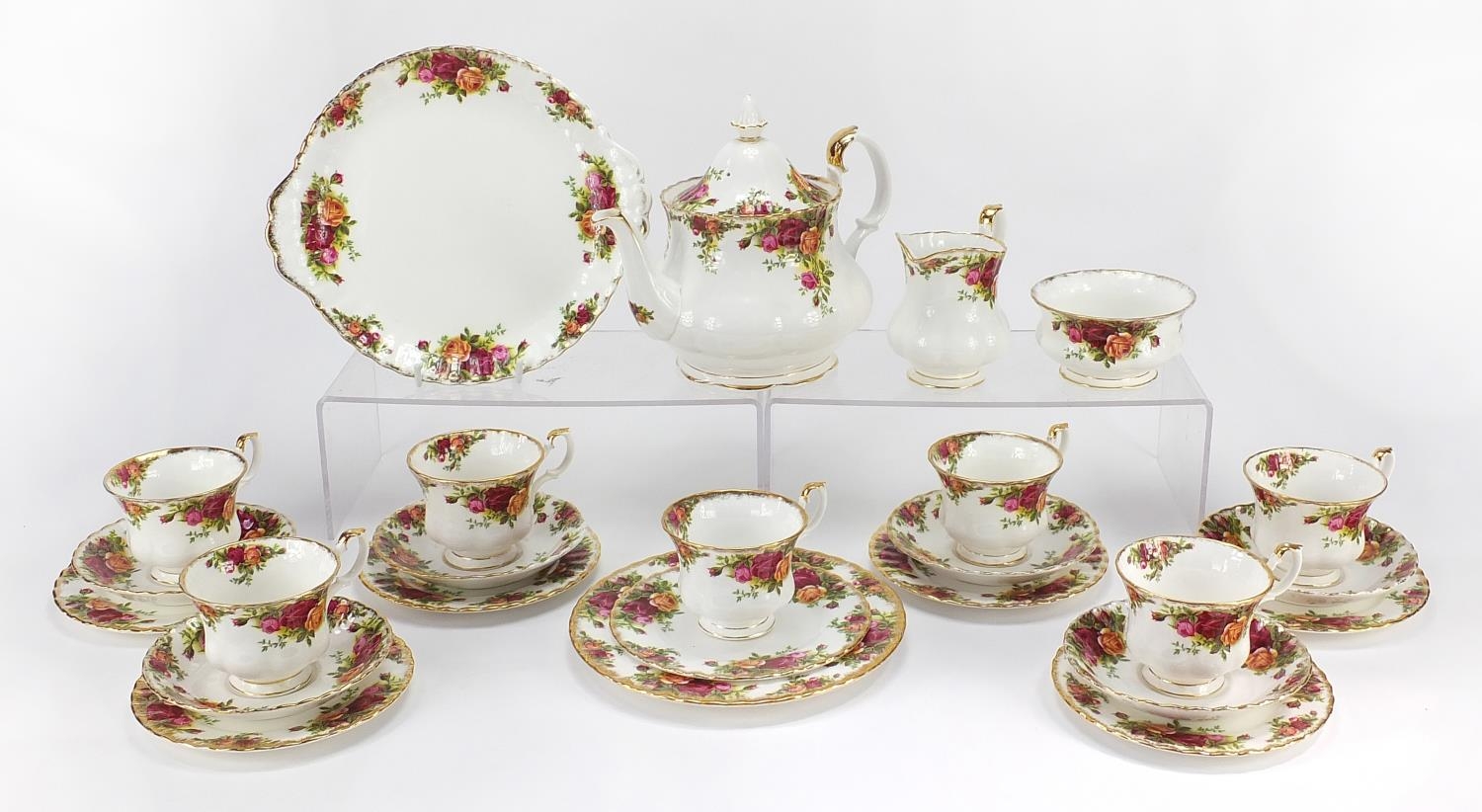 Royal Albert Old Country Roses teaware including teapot and trios, the teapot 24cm in length : For